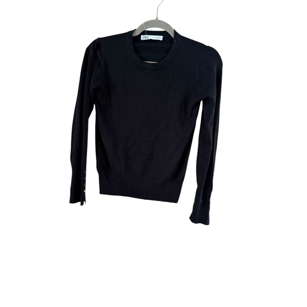 Women's Zara Black Gold Button Crew Neck Sweater M - Picture 7 of 8